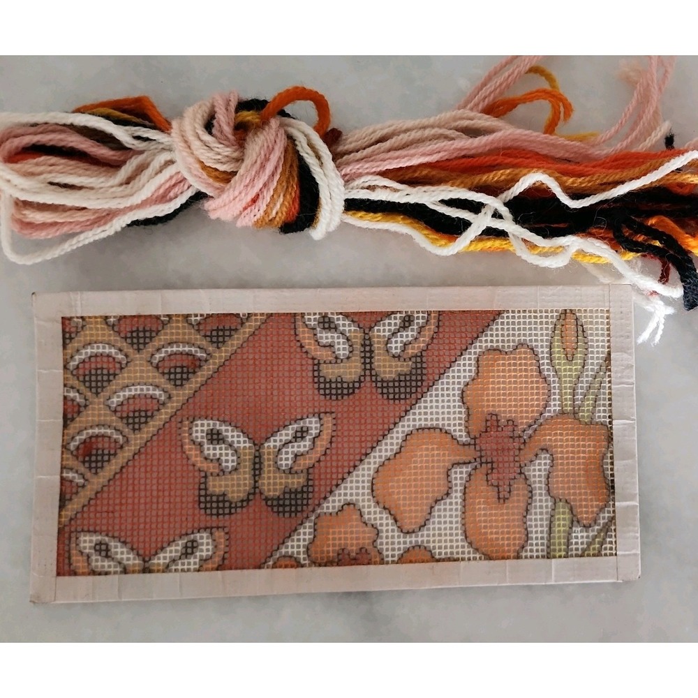 Vtg ASIAN BUTTERFLY FLORAL Needlepoint Canvas w/Yarn 4x 8.5 Eyeglass case front?